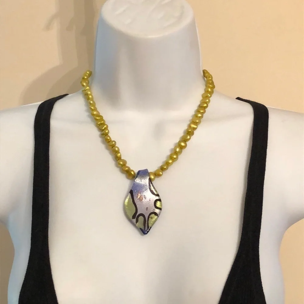 ARTISAN freshwater pearl necklace art glass pendant sterling boho colorful fun